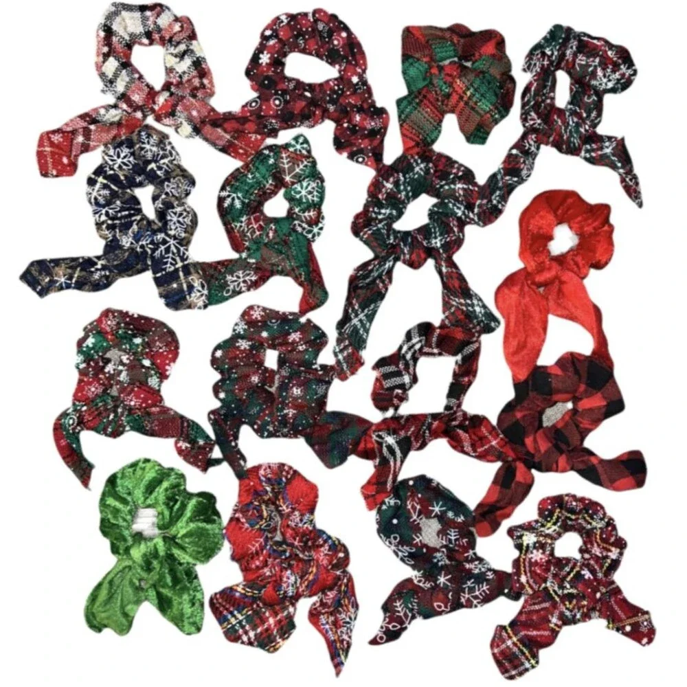 Set of 16 Holiday Hair Scrunchies Plaid Rabbit Ears Knotted Christmas Hair Ties